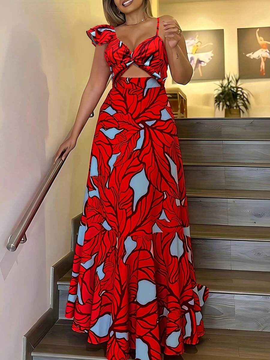 女士优雅性感花卉印花高腰细肩带连衣裙 - 紅色 - 查看 1