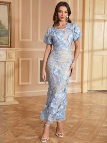 Women's Floral Embroidery Maxi Dress Wedding Guest Dress Evening Party Dress - Light Wash - View 6