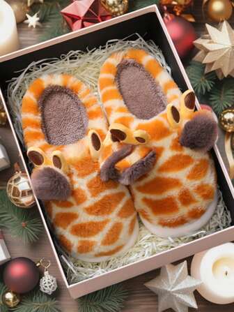 Varma vintertofflor för kvinnor, tjocka och elastiska sular, halkfria tofflor för höst/vinter, söta tecknade tofflor, julklapp