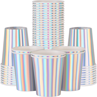 10pcs/20pcs/50pcs Iridescent Paper Cups Disposable Coffee Cup Laser Silver Party Cups Hot Cold Drinks Tea Water Milk Juice Beverages Holographic Rainbow Party Decorations For Picnic Home Birthday Wedding Anniversary Christmas