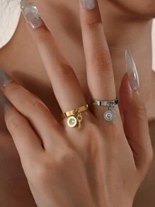 1pc 18K Gold Plated Gorgeous Style Stainless Steel Cubic Zirconia Rings Ladies Jewelry Wedding Party Dating Gift - LMSZ and Key Ring - View 1