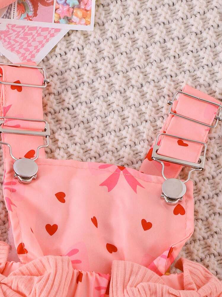 2 Peças Conjunto de Bodysuit de Manga Longa Elegante e Fofo + Vestido Pinafore para Bebê Menina, Leve para Primavera/Outono - Rosa chiclete - Visão 7