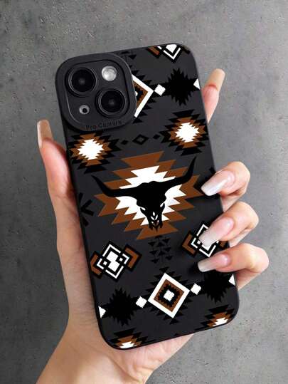 1 pieza Funda de teléfono suave con cobertura total, estilo vaquero occidental con patrón geométrico de hueso de toro y ojo de gato negro, compatible con iPhone 11/12/13/14/15/16 Pro Max, resistente al agua, a los golpes y a los arañazos