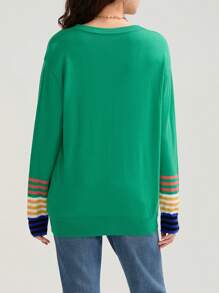 Women's Striped Cardigan V Neck Long Sleeve Button Down Knit Tops For Fall Streetwear - Green - View 7