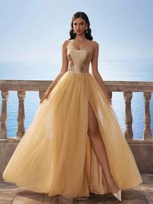 Luxury Gold Cinched Waist Mesh Maxi Ball Gown Bridesmaids Dress For Women - Gold - View 8