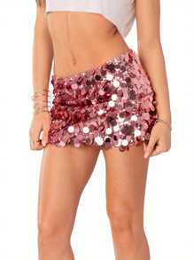 Women Wrapped Half Dress, Sequined Summer Spring Fall Dance Street Club Party Short Skirt - 粉色 - 查看 3