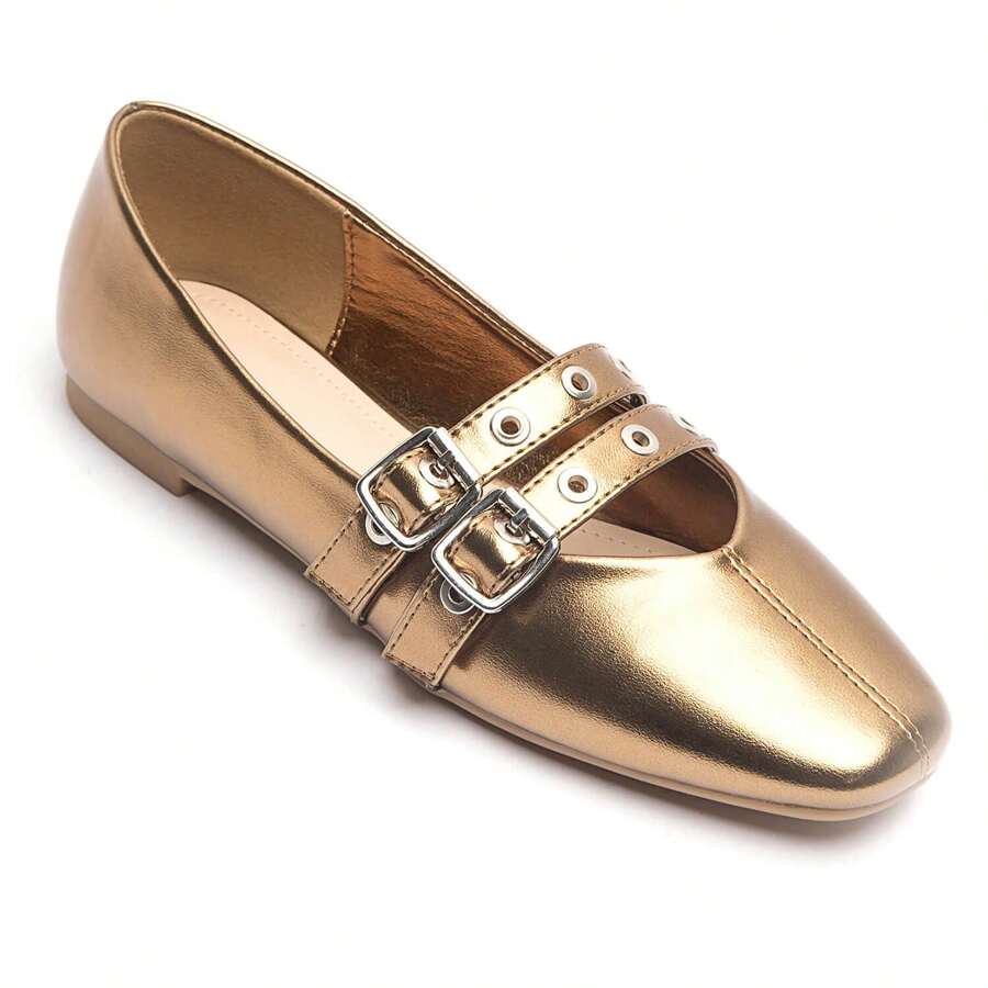 Double Buckle Ballerina Shoe With Metallic Details - Bronze - View 1
