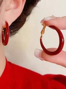 1 Pair Women's Vintage Oversized Geometric Round & Square Hoop Earrings, Fashionable & Versatile - Red - View 3