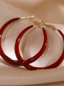 1 Pair Women's Vintage Oversized Geometric Round & Square Hoop Earrings, Fashionable & Versatile - Red - View 6