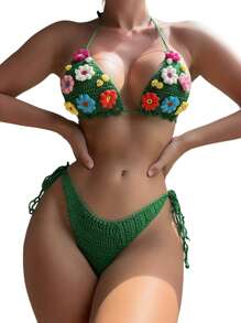 Traje de baño de dos piezas de punto para mujer, traje de baño sexy, conjuntos de bikini de triángulo con flor a ganchillo, parte superior de tirantes, bikini de tiras para playa - Verde - Ver 2
