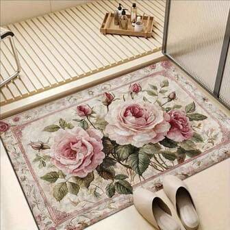 1pc Peony Flower Bath Mat, Soft & Thick Polyester Fiber Door Mat, Machine Washable, Absorbent, Anti-Slip , Suitable For Bathroom, Shower, Laundry Room, Bedroom Home Bathroom Decor Bath Rug Floor Carpet Outdoor Rug Door Mat Summer Bathroom Accessories Back To School