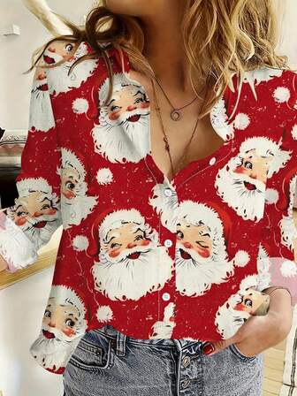 New Christmas Santa Claus Red Print Christmas Ladies Casual Loose Soft Touch Long Sleeve Blouse