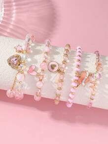 Conjunto de 5 pulseiras de contas de vidro rosa vintage boêmias com pingente de coração de strass, conjunto de joias com pingente de borla e letra de amor brilhante e personalizada, presente perfeito para amigos e mães no Dia dos Namorados ou Dia das Mães, adequado para uso diário e festas de Dia dos Namorados
