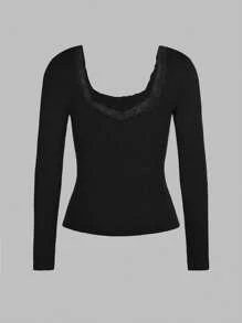 Women's T-Shirt Y2K Fall Women Back To School Clothes Sexy Casual Solid Color Lace Lace Square Neck Knitted Long-Sleeved Top