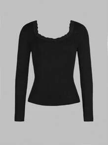 Women's T-Shirt Y2K Fall Women Back To School Clothes Sexy Casual Solid Color Lace Lace Square Neck Knitted Long-Sleeved Top