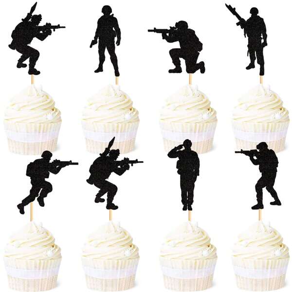Toppers de Cupcake com Tema Policial e Militar Criativos, Palitos Cintilantes de Cupcake de Polícia, Decorações de Bolo em Formato de Rádio-Comunicador e Arma, Suprimentos de Decoração de Bolo de Festa de Aniversário com Tema de Distintivo de Polícia