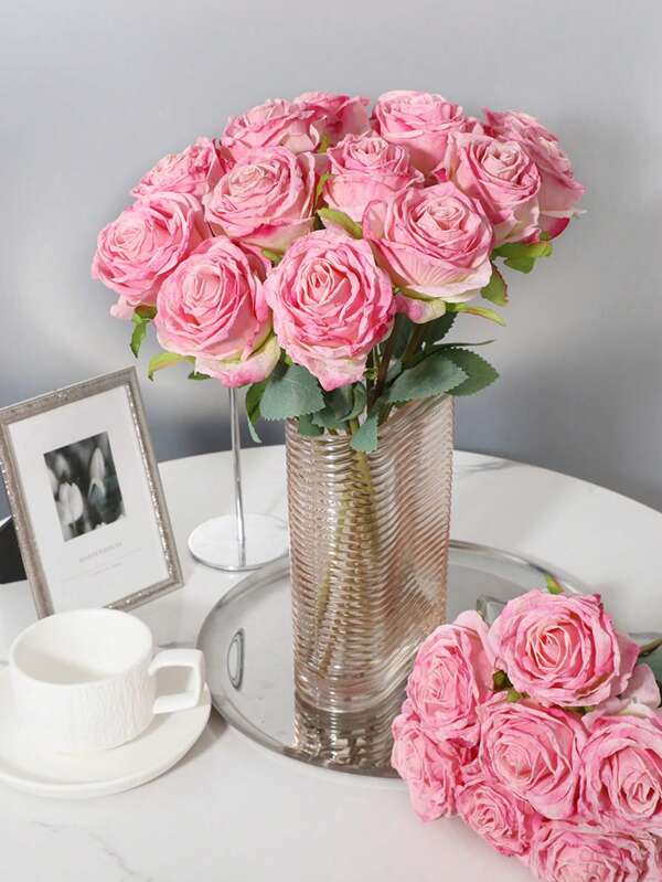 7pcs A Handful Of Artificial Flamed Roses,Simulation Flower,Coral Pink,Mother's Day Decoration,Wedding Season,Graduation Season,Gift,Candlelight Dinner Decoration,Table Decoration,Centrepieces,Plastic Flowers,School Dormitory Office Decoration,Outdoor Party Event Holiday Birthday Party Decoration,Home Entrance Hotel Restaurant Living Room Bedroom Wedding Party Kitchen Garden Decorations, Seasons Decorations