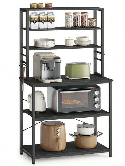 VASAGLE Baker's Rack, Microwave Oven Stand, Kitchen Tall Utility Storage Shelf, 6 Hooks And Metal Frame, Industrial, 15.7 X 31.5 X 65.7 Inches