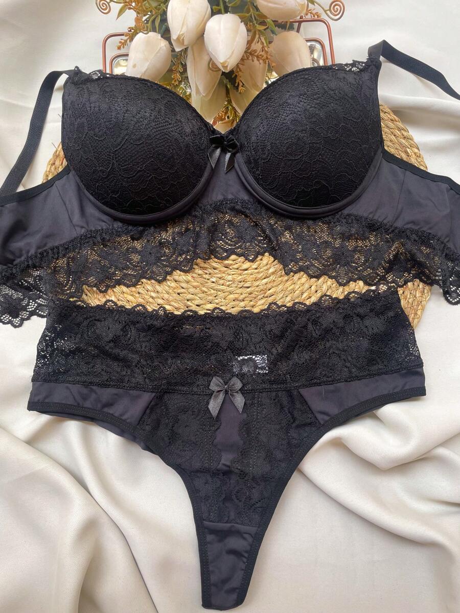 Lace Cup Set Sexy Lingerie Panties Bra With Cup - MÁRCIA - màu đen - Xem 1