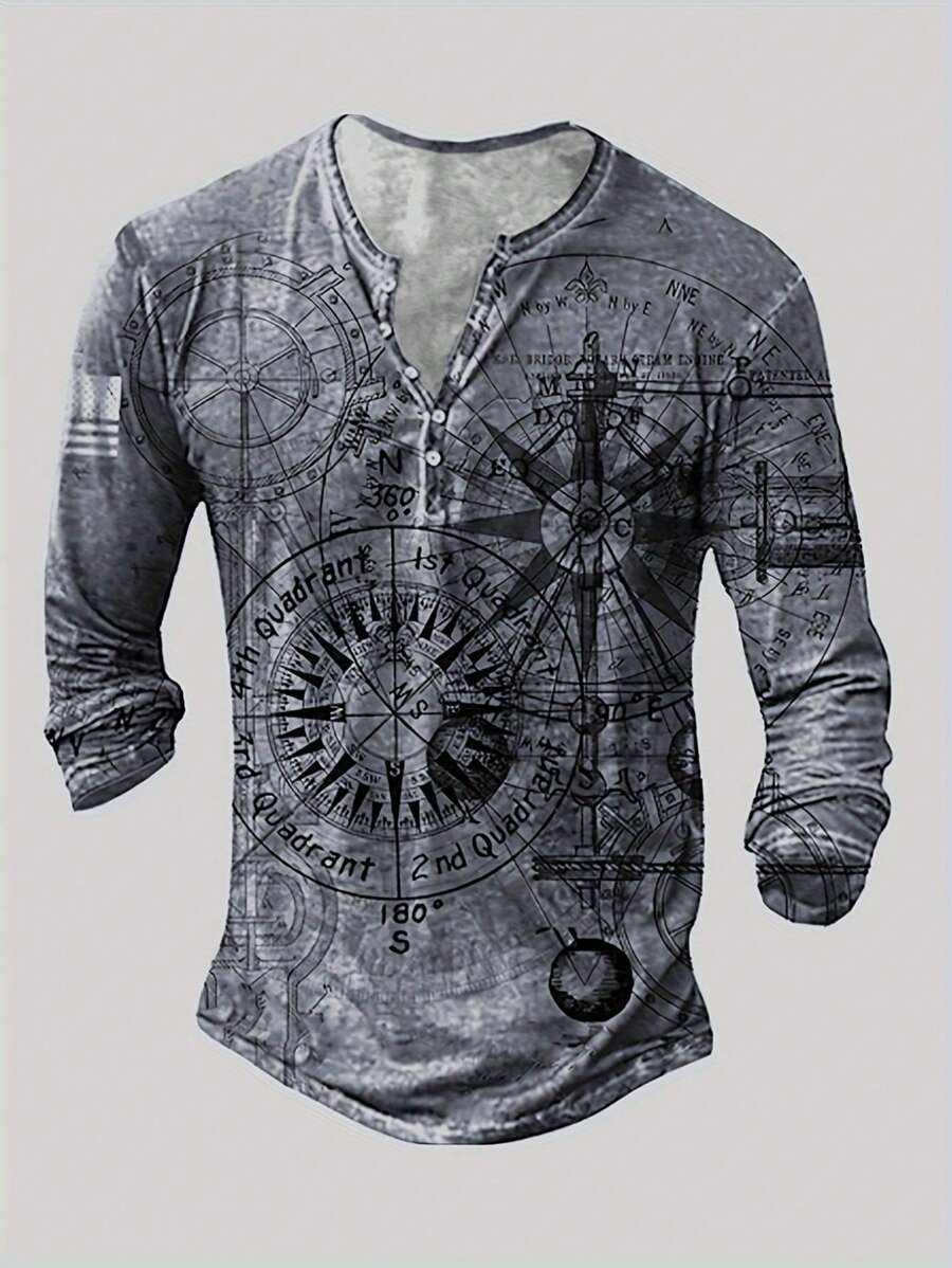 男士复古时钟印花亨利领长袖 T 恤，时尚简约，适合春秋季节、emo 风格、秋季 - 灰色 - 查看 1