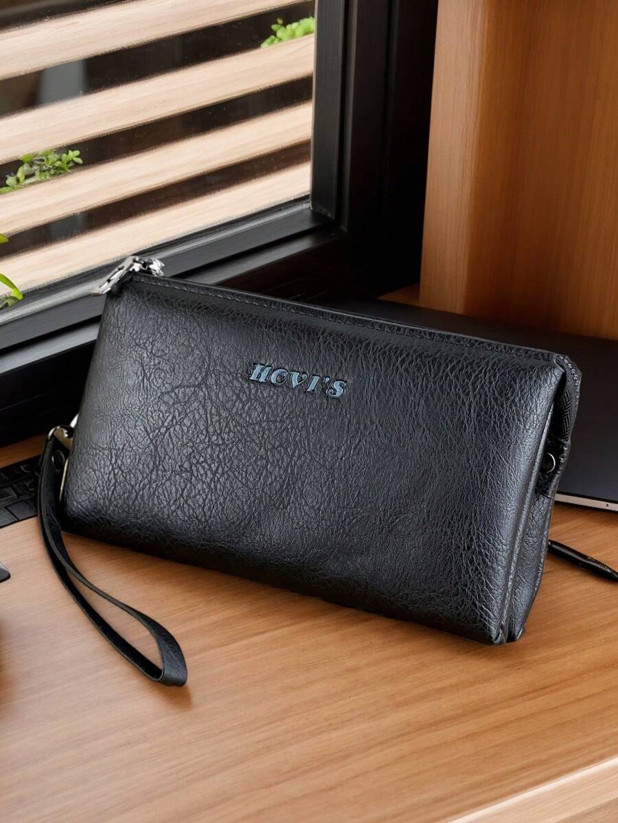 HOVI'S 时尚男士手拿包商务大容量手拿包手机包双隔层拉链长款钱包手拿包，男士完美礼物 - 黑色 - 查看 1