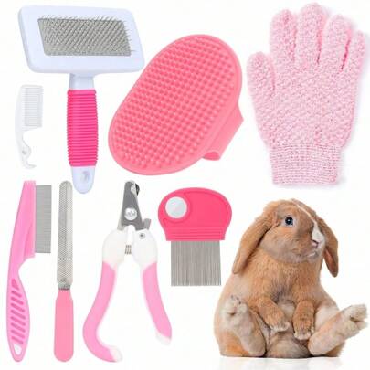 Conjunto De 8 Piezas De Kit De Cuidado De Animales Pequeños/kit De Aseo Para Conejos Con Cortauñas Para Animales, Lima De Uñas, Peine Para Pulgas, Cepillo De Baño Para Mascotas, Rastrillo De Eliminación De Pelo Muerto, Guante De Masaje Para Bañar Y Peine De Limpieza.