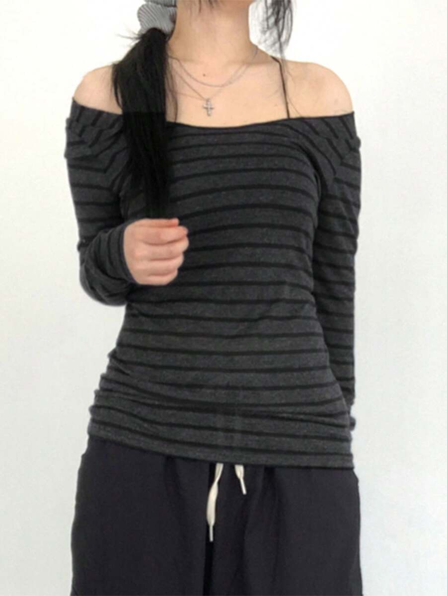 Women's Off Shoulder Tops Slim Striped Long Sleeve Casual T-Shirt For Fall Streetwear - Màu xám đen - Xem 1