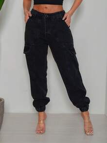 CALÇA CARGO PRETA COM ELÁSTICO NA PERNA - Preto - Visão 2