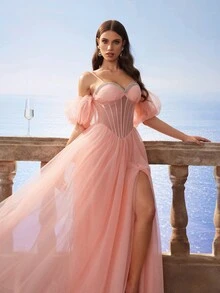 Gorgeous Elegant Noble & Cute Puff Sleeve Corset Valentine's Day Dress, Split Maxi Tulle Sequin Fairy Bridesmaid Dress, Sisters Evening Dress For Party, Wedding Season - Watermelon Pink - View 9