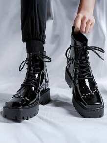 Choiran Motorcycle Boots Men's Motorcycle Square Shoes Retro Punk Metal Ankle Boots Winter Boots For Men - 黑色 - 查看 1