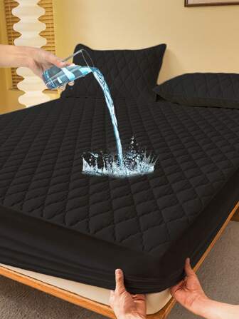 1pc Water Resistant Bed Sheets, Bedding, Fitted Sheet, Solid Color Mattress Cover, Soft And Comfortable Bedding For Bedroom, Skin-Friendly Mattress Cover, Anti-Penetration Bed Cover, Deep Pocket Breathable Quilted Mattress Protector, For Queen King Twin All Size, Cover For Mattress Protector And Mattress Topper, Dustproof, Machine Washable, Perfect Holiday Gift, Black