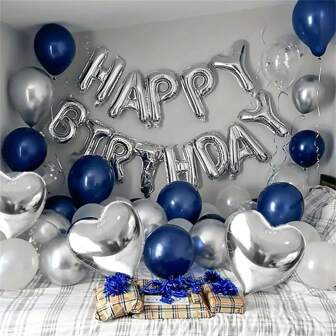 44 pièces Ensemble de ballons d'anniversaire argenté Heureux 40 cm Ballon en argent en forme de lettre et de cœur avec latex bleu marine et argent pour les décorations de fête d'anniversaire