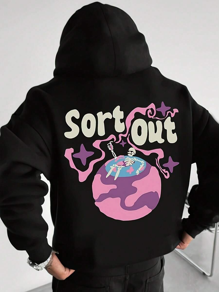 Monogram Pattern Long-Sleeved Pullover, Casual Graphic Design Pullover Hoodie And Pocket Streetwear For Autumn And Winter