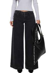 Womens Wide Leg Jeans Back Bow Print Low Rise Washed Denim Pants Casual Long Trousers - Black - View 6