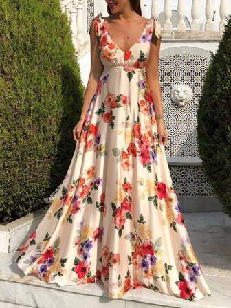 女士 V 领系带肩部全印花长款优雅连衣裙、派对礼服、婚礼宾客鸡尾酒会礼服