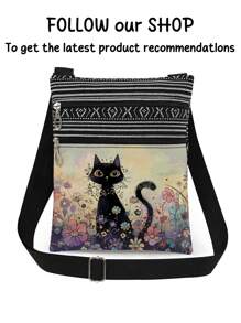 Cute Cartoon Black Cat Print Crossbody Bag, Unisex Reusable Shoulder Bag With Floral Animal Pattern, Adjustable Strap, Portable Messenger Bag, Party Gift For Cat Lovers