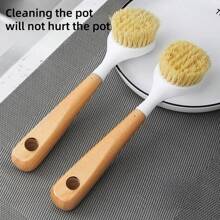 Steel Wool Household Long-Handled Dishwashing Pot Non-Stick Oil Wooden Handle Pot Brush Kitchen Multi-Function Cleaning Brush Sponges, Kitchen Dish Brush Bamboo Handle Dish Scrubber Built-In Scraper, Scrub Brush For Pans, Pots, Kitchen Sink Cleaning, Dishwashing And Cleaning Brushes Are Perfect Cleaning Tools, White