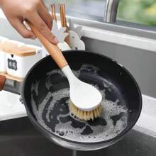 Steel Wool Household Long-Handled Dishwashing Pot Non-Stick Oil Wooden Handle Pot Brush Kitchen Multi-Function Cleaning Brush Sponges, Kitchen Dish Brush Bamboo Handle Dish Scrubber Built-In Scraper, Scrub Brush For Pans, Pots, Kitchen Sink Cleaning, Dishwashing And Cleaning Brushes Are Perfect Cleaning Tools, White