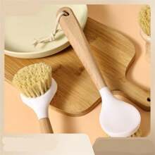 Steel Wool Household Long-Handled Dishwashing Pot Non-Stick Oil Wooden Handle Pot Brush Kitchen Multi-Function Cleaning Brush Sponges, Kitchen Dish Brush Bamboo Handle Dish Scrubber Built-In Scraper, Scrub Brush For Pans, Pots, Kitchen Sink Cleaning, Dishwashing And Cleaning Brushes Are Perfect Cleaning Tools, White
