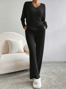 Women's Pajamas Sets Long Sleeve 2 Pieces Lounge Ribbed Knit Top And Long Pants Set V Neck Sweater Sleepwear Loose Loungewear Fall Winter Matching Outfits Clothes - 黑色 - 查看 2