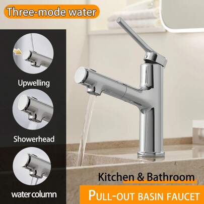 1 stuk roestvrijstalen allround uittrekbare 3-snelheden verstelbare badkamer-keukenkraan in zilverkleur, geborstelde afwerking, 360 graden draaibare sproeier, dubbele functie warm- en koudwatersproeier