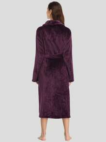 1pc Women Simple Solid Thick Flannel Loose Robe, Warm Comfy Gray Collared Sleepwear For Home Use, Autumn/Winter, For Fall Winter, Cozy Outfit, Fluffy - Purple - View 6