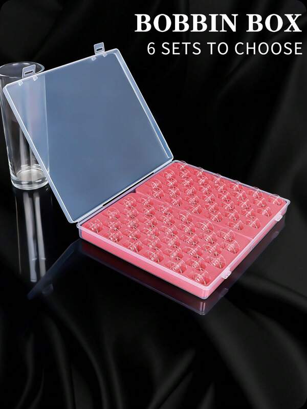 1 pieza Caja transparente con estera de esponja roja, caja de carrete o juego de carrete y caja para máquina de coser doméstica, caja de almacenamiento de carretes, accesorios de costura, disponible en caja vacía, carrete de plástico y carrete de metal en 3 estilos, con 33 y 66 ranuras en 2 tamaños