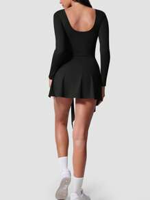 YEIFIN 运动型女式纯色二合一系带前开衩下摆运动连衣裙，春夏服装网球服装，运动长袖船领紧身连体衣，适合户外运动徒步网球骑行普拉提女士运动装，适合所有季节网球裙 - 黑色 - 查看 3