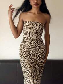 Women Back Slit Leopard Tube Midi Dress Bodycon Sexy Outfits - Mocha Brown - View 1