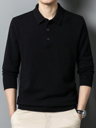 男士轻薄针织套头衫，Polo领，秋冬季长袖上衣