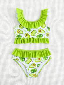 2pcs Young Girl Cute Avocado Print Ruffle Two-Piece Swimwear