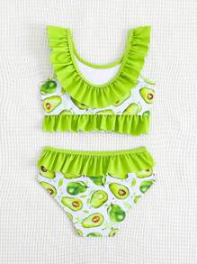 2pcs Young Girl Cute Avocado Print Ruffle Two-Piece Swimwear