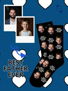 Un par de calcetines de media pantorrilla personalizados para hombres con impresión de rostro y texto. Calcetines personalizados con la impresión "Mejor padre de todos" y foto, calcetines personalizados divertidos para pareja como regalo para el Día del Padre o cumpleaños