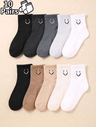 10 Pairs Of Children's Facial Expressions, Smiling Faces, Cartoon, Elastic, Sports, Cute Daily Socks
